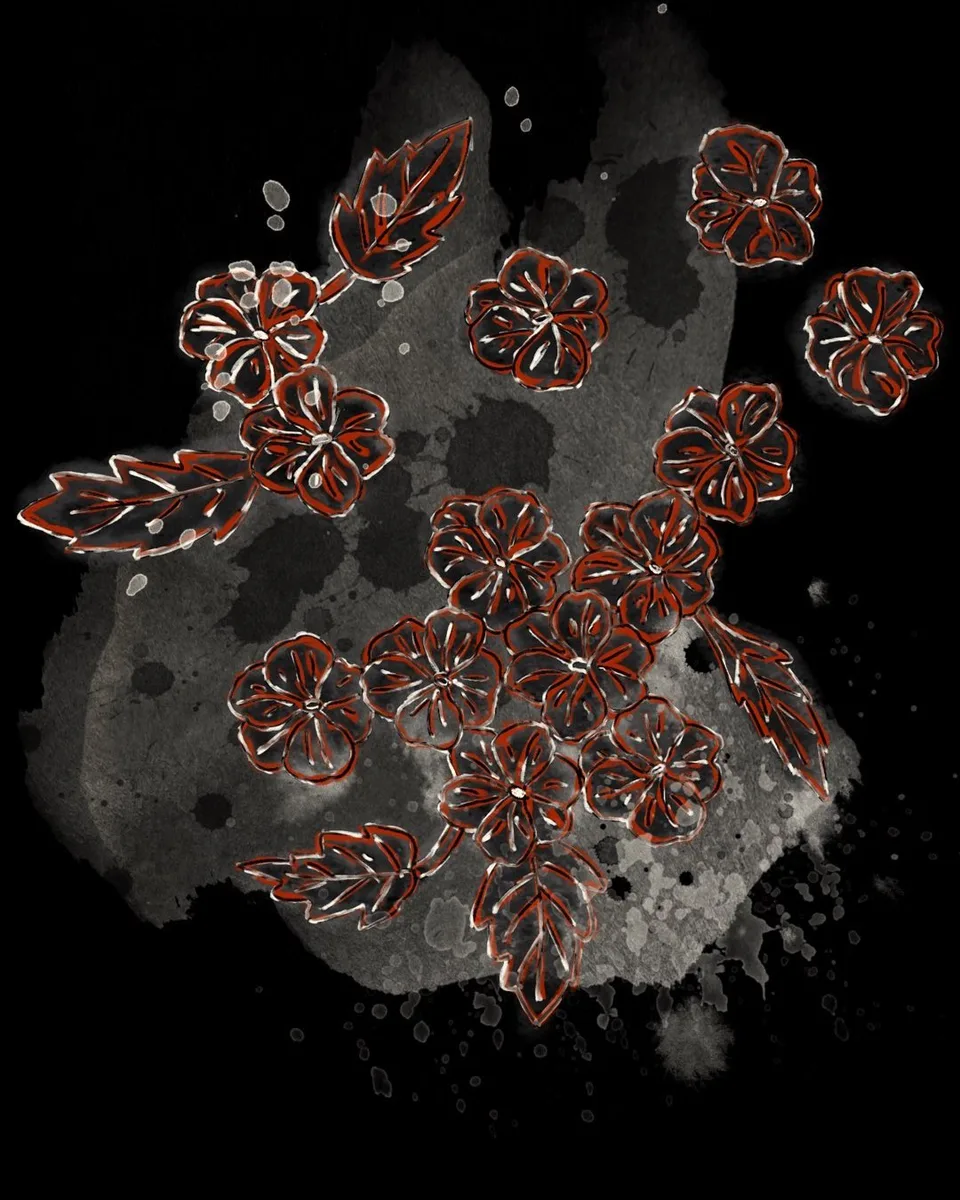 Eileen's Impatiens — digital drawing of dark red flowers on a black background