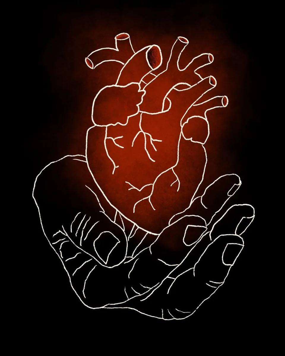 Heart in My Hand — digital drawing of a glowing anatomical heart cradled in an outlined hand against a dark background