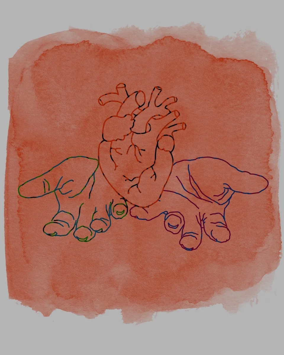 Offering 2 — digital drawing of two hands with an anatomical heart on a coral watercolor ground