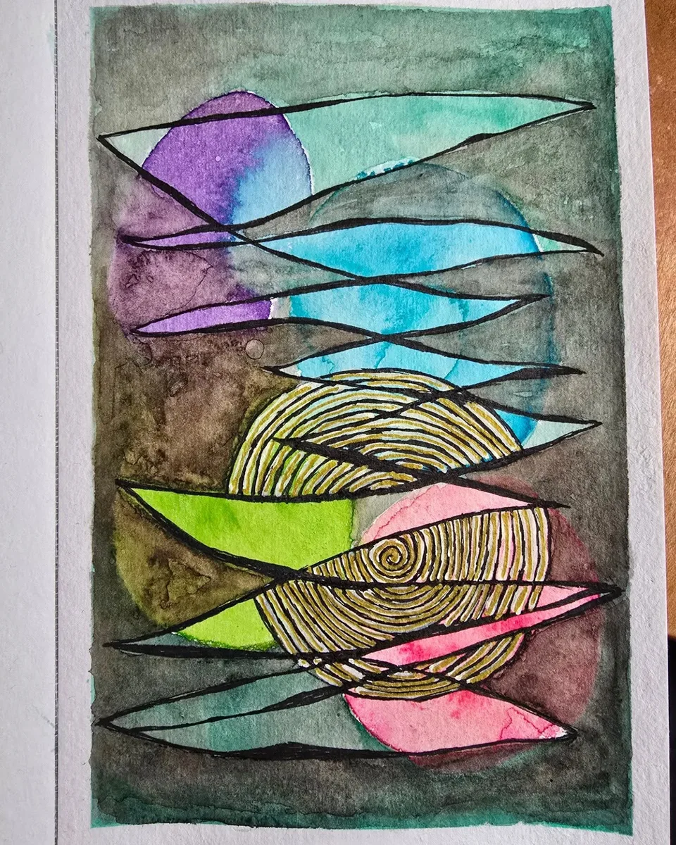 Untitled — watercolor and ink abstract drawing with geometric shapes and spiral