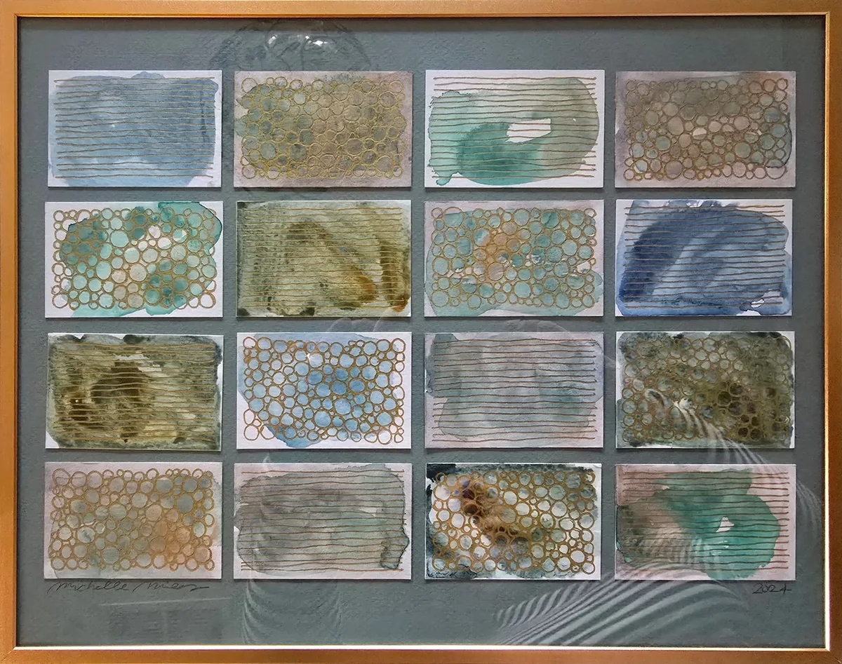 Untitled — framed mixed media work with a 4×4 grid of small panels in teal, gold, and brown, 2024
