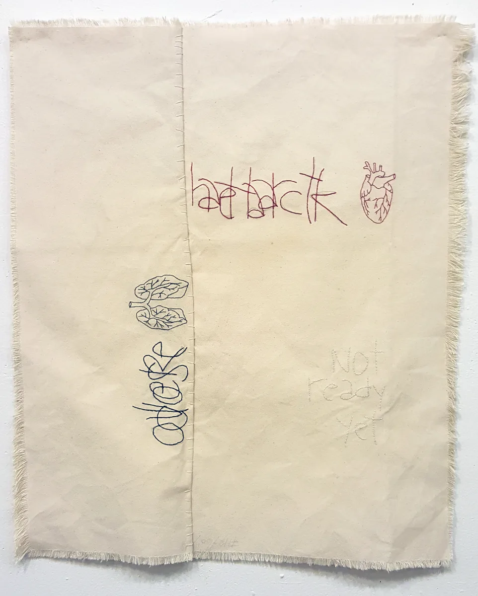 Overdose / Heart Attack — raw canvas with embroidered text and imagery