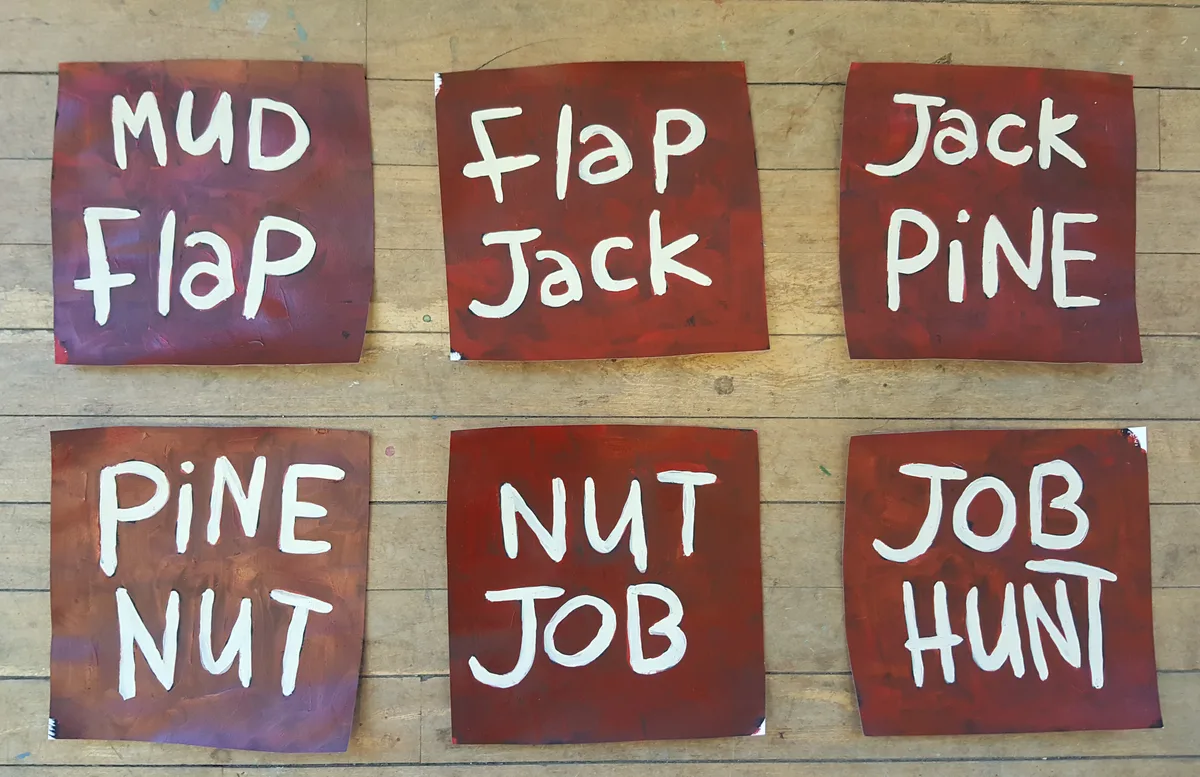 Flap Jack — six small dark red paintings with white text: Mud Flap, Flap Jack, Jack Pine, Pine Nut, Nut Job, Job Hunt