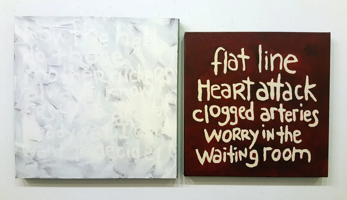 Flat Line — two acrylic canvases, one white with embedded text, one dark red reading "flat line heart attack clogged arteries worry in the waiting room"